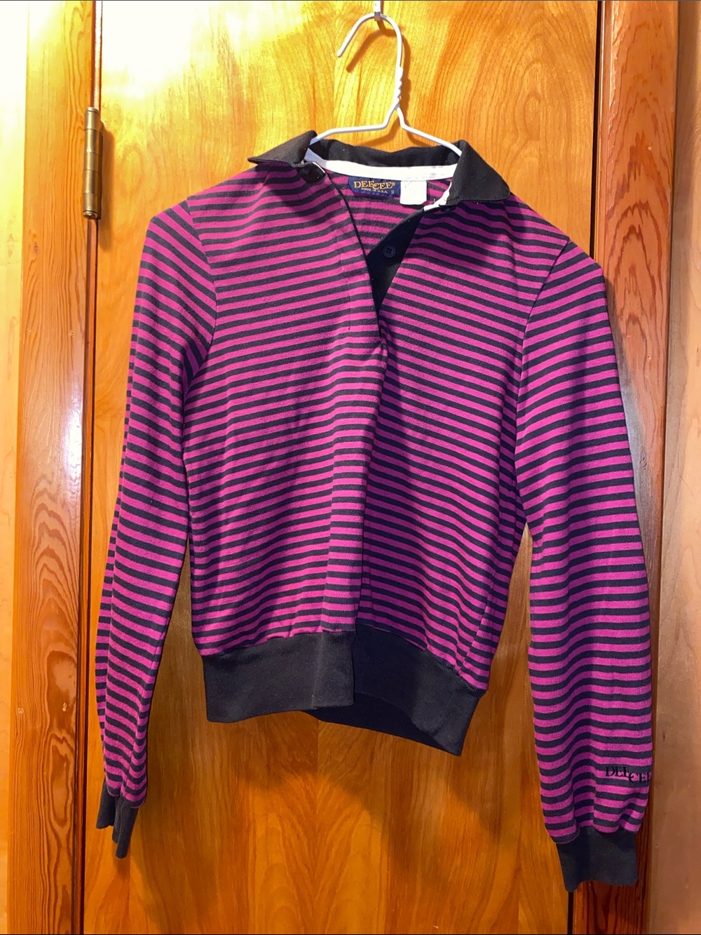 Retro Dee Cee Women's Purple and Black Striped Button Up Polo